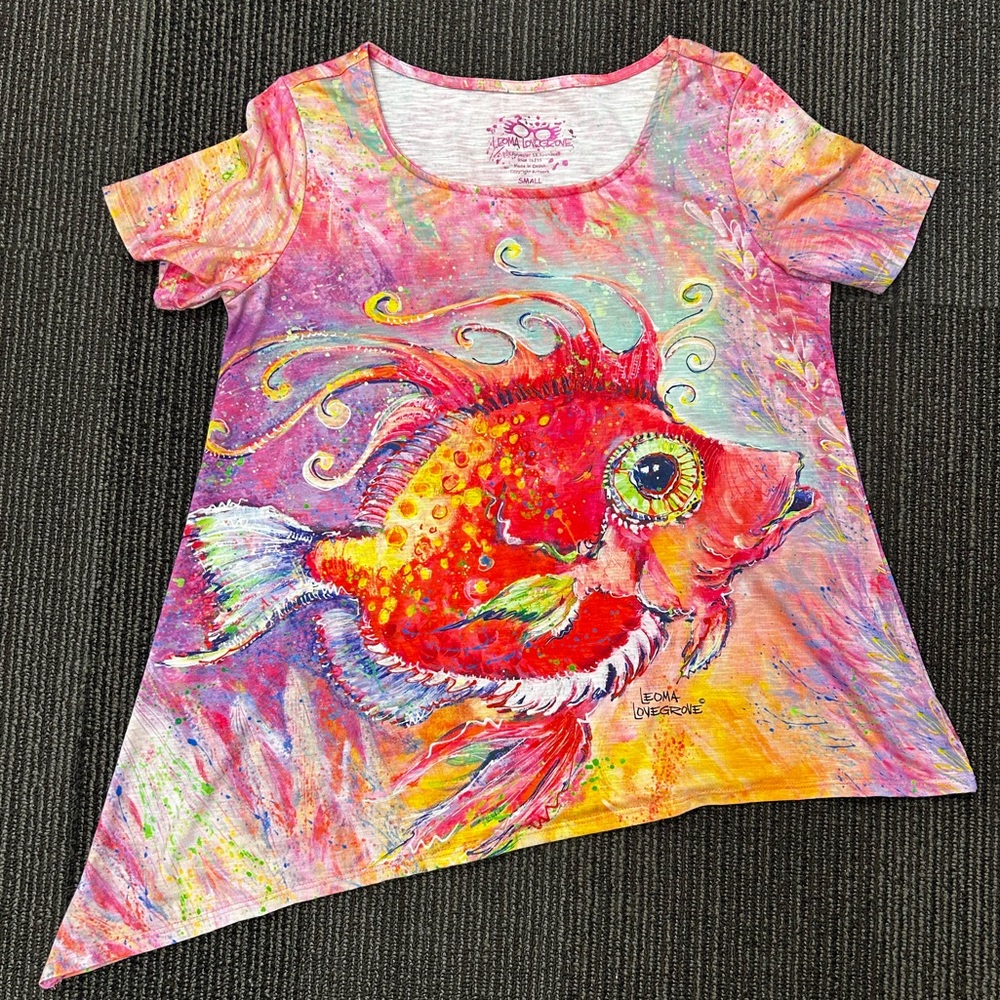 Red and Pink Short Sleeve Tee with Fantastical Fish Design